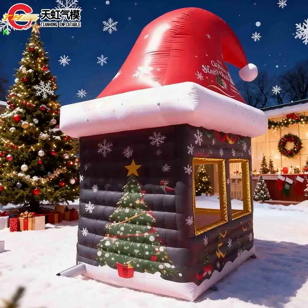 Envío rápido, nuevo diseño, tienda inflable para casa de Navidad, sombrero rojo de Papá Noel, tienda inflable con soplador