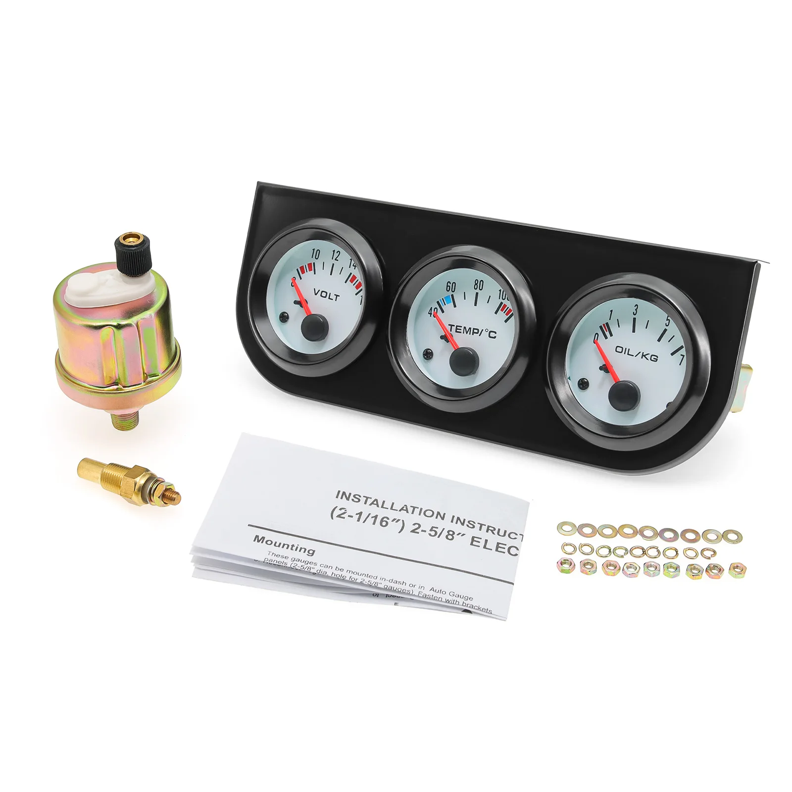 Kit de Medidores 3 em 1 de 2'' 52MM: Medidor de Temperatura da Água, Medidor de Pressão do Óleo e Voltímetro com Acabamento Cromado e Sensor de Temperatura e Pressão