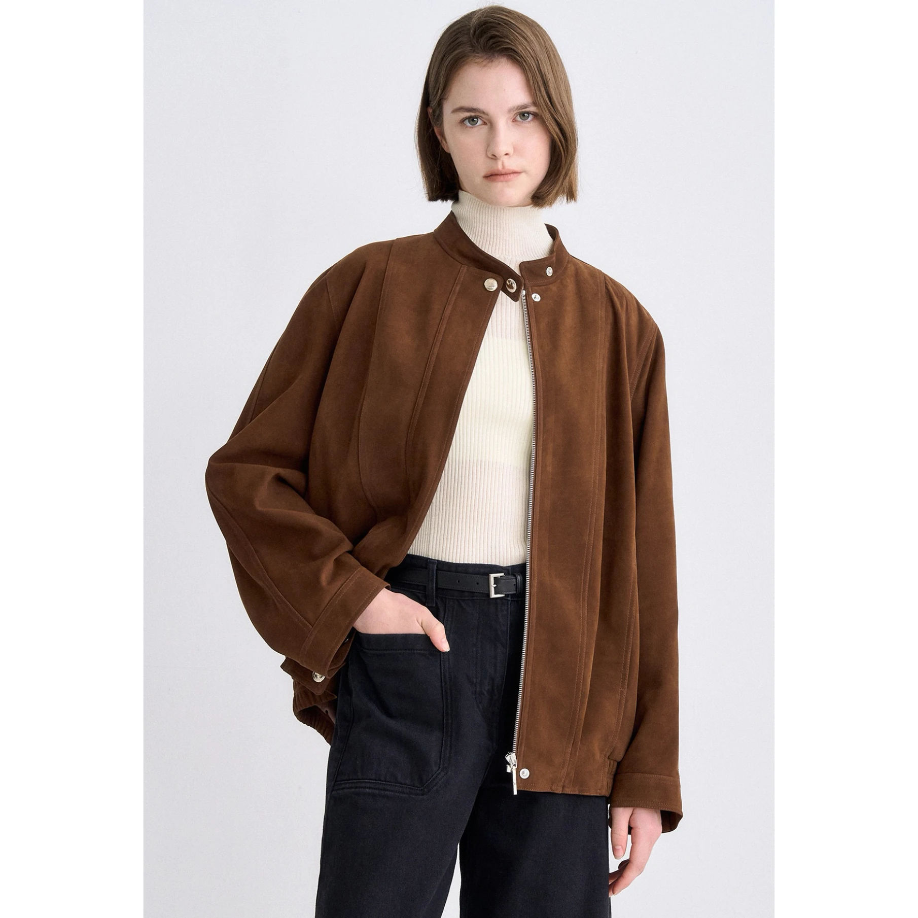 

TIM25 Autumn Lemon Cheesecake Casual Sli Loose High Collar Suede Jaet Outerwear Women's Commute Sle Long Sve Zipper