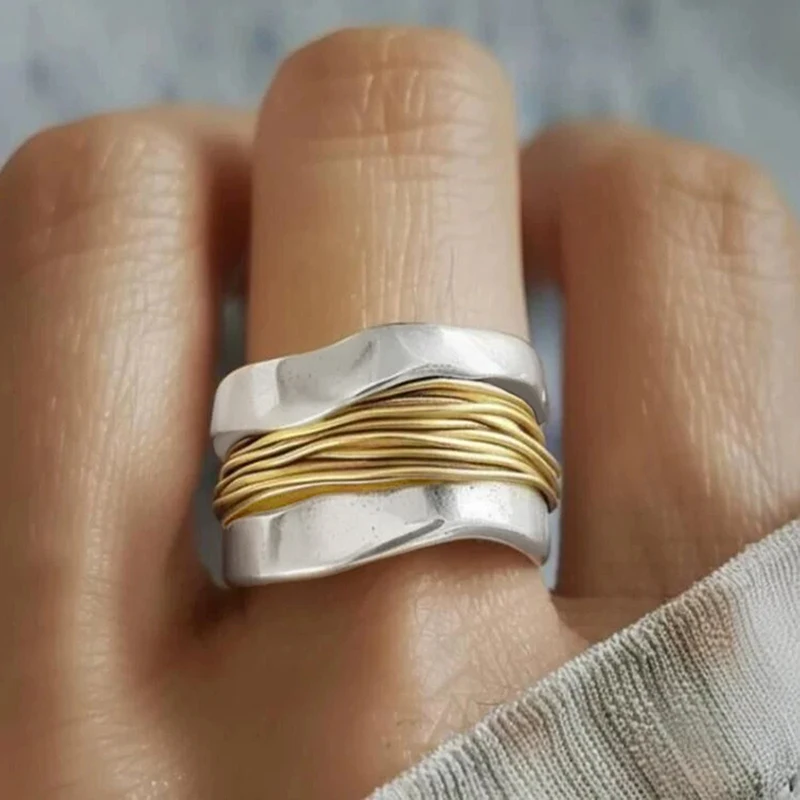 Huitan Irregular Shaped Metal Rings for Women Gold Color Wire Wrapped Design Statement Female Rings Daily Wear Trendy Jewelry