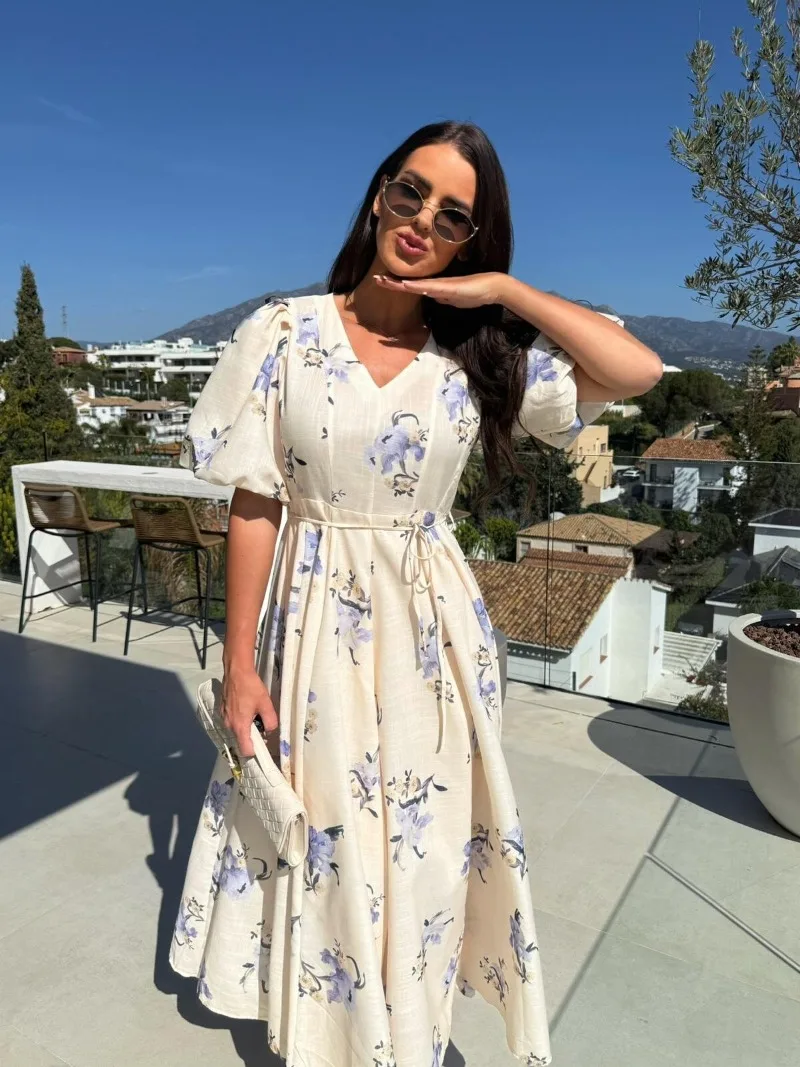 Trendy Floral Print Dress with Puff Sleeves V-neck Full Skirt and A Fresh Fitted Waist Floral Ankle-length Dress for Women