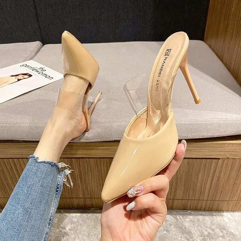 

New Fashion Pointed Toe High Heels Luxury Slippers Women Summer Shoes Woman Fashion Metal Decoration Shallow Party Female Shoes