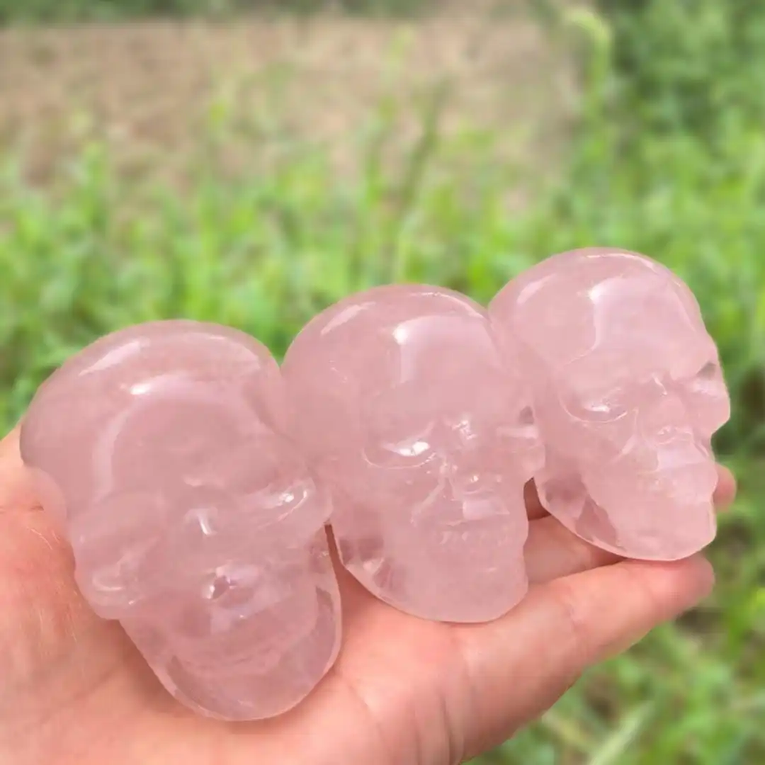 A Single Rose Quartz Skull Carving, Perfect for Decorating Your Home or Office