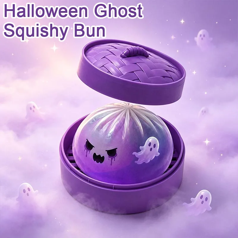 Dumplings Squishy Halloween Ghost Bun Toy Soft Slow Resilience Squishy Toy Fidget with Steamer Steamed Stuffed Bun Squishy Pinch