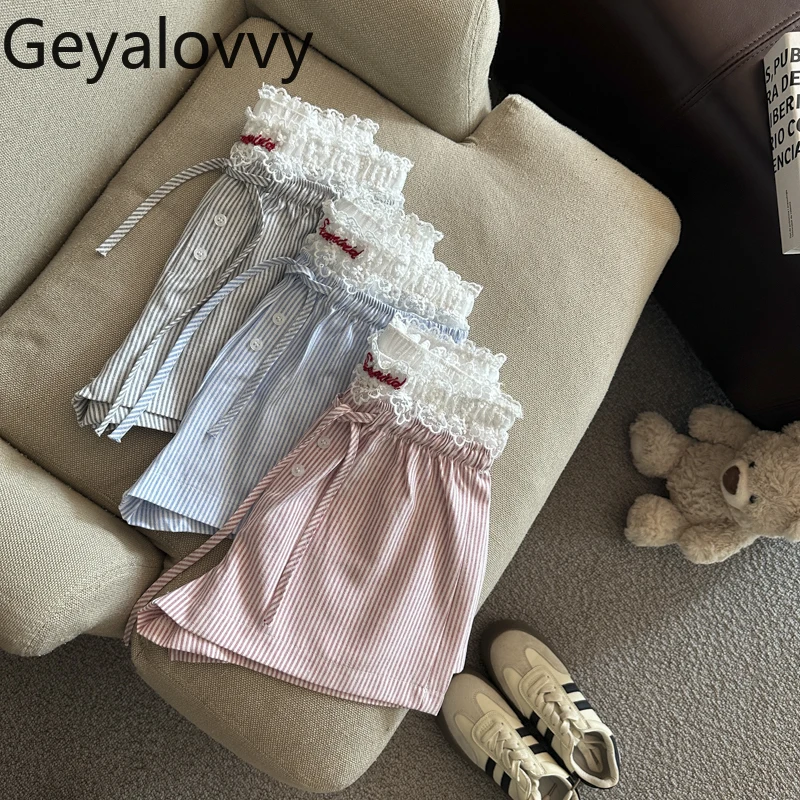 2025 Summer New Female Lace Splicing Casual Shorts Summer Vertical Sweet Striped High Waist Drawstring Wide Leg Short Pants