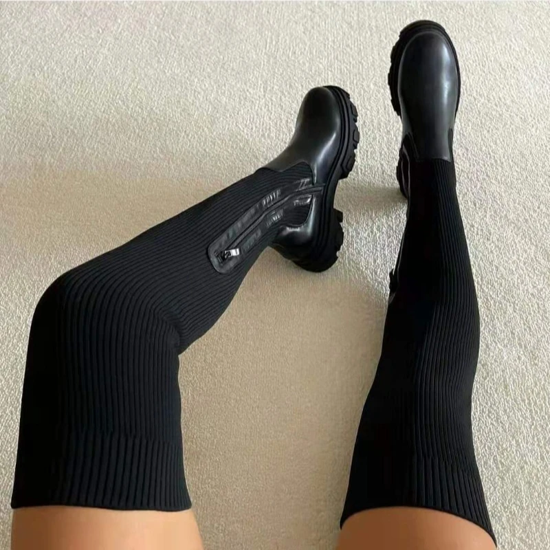 Fashion Shoes Knit Over The Knee Boots New Women Elastic Ribbed Sock Boots with Zipper Platform Heel Combat Boots for Streetwear