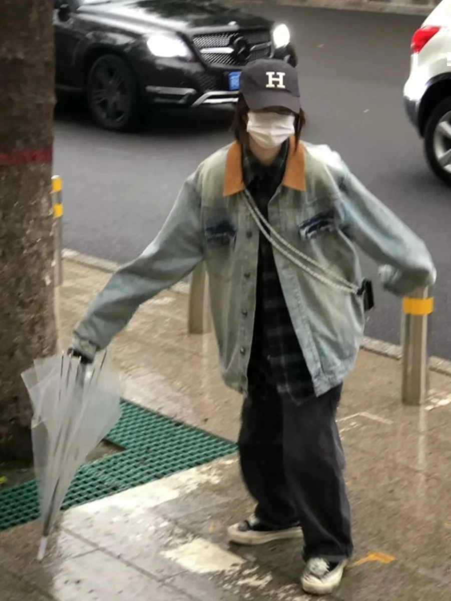 Plus Size Suede Denim Jaet Vrouwen Losse Lange Sve Lente Herfst Retro High Street INS Pendelen Sle met kets Kraag