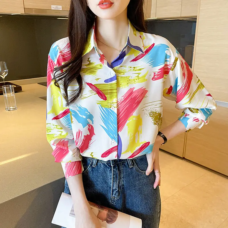 Geometric Contrast Color Turn-down Collar Long Sleeve Button Up Cardigan Shirt Spring Autumn Office Lady Women's Clothing Tops