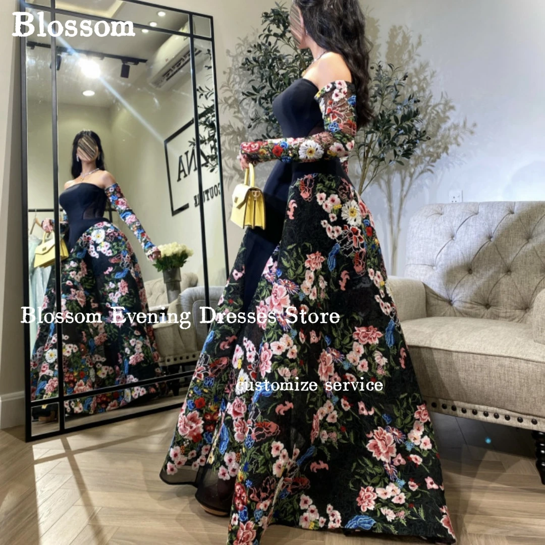 Saudi Arabia New Design Luxury Evening Dresses Floral Lace Embroidery Prom Dresses A-line Long Sleeves Formal Wedding Party Gown