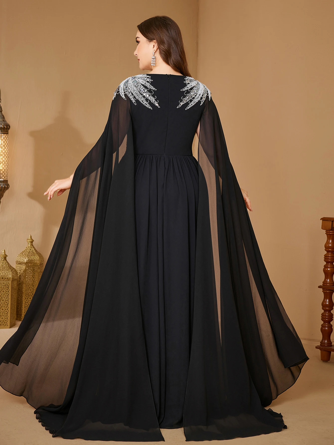 UNITHORSE Plus المرأة جولة الرقبة العائمة قطعة كم الترتر الخرز المرقعة Ruched الشيفون فستان السهرة