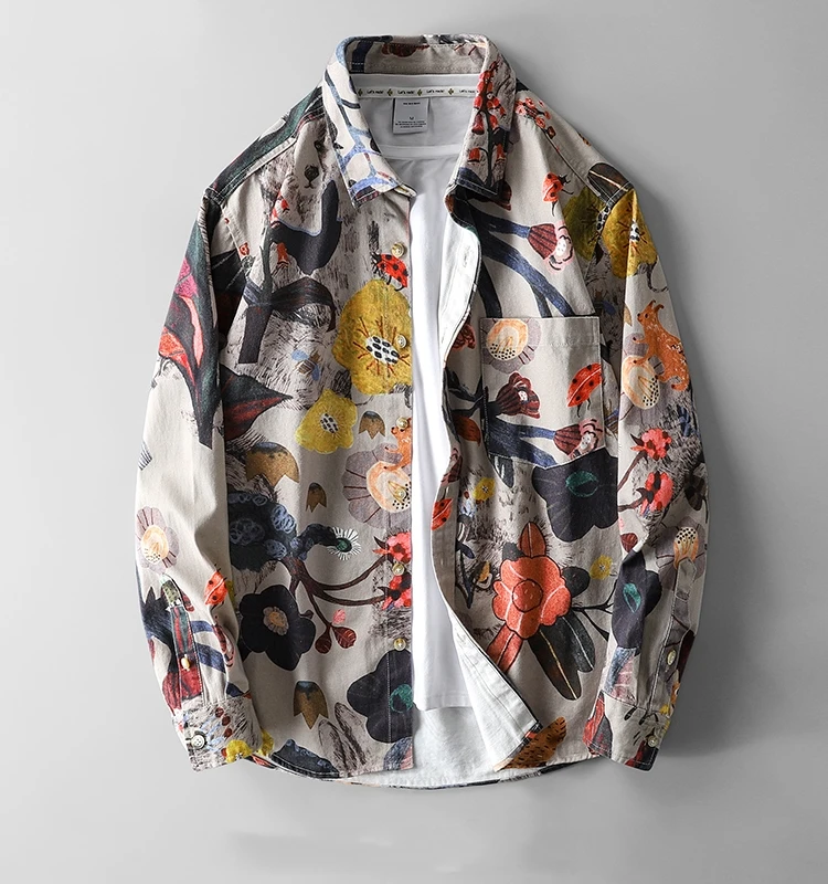 Loose Long Sleeve Men's Shirt Fashion Print Shoulder Drop Autumn Trend Casual Loose Fit Youthful Style No Ironing Required