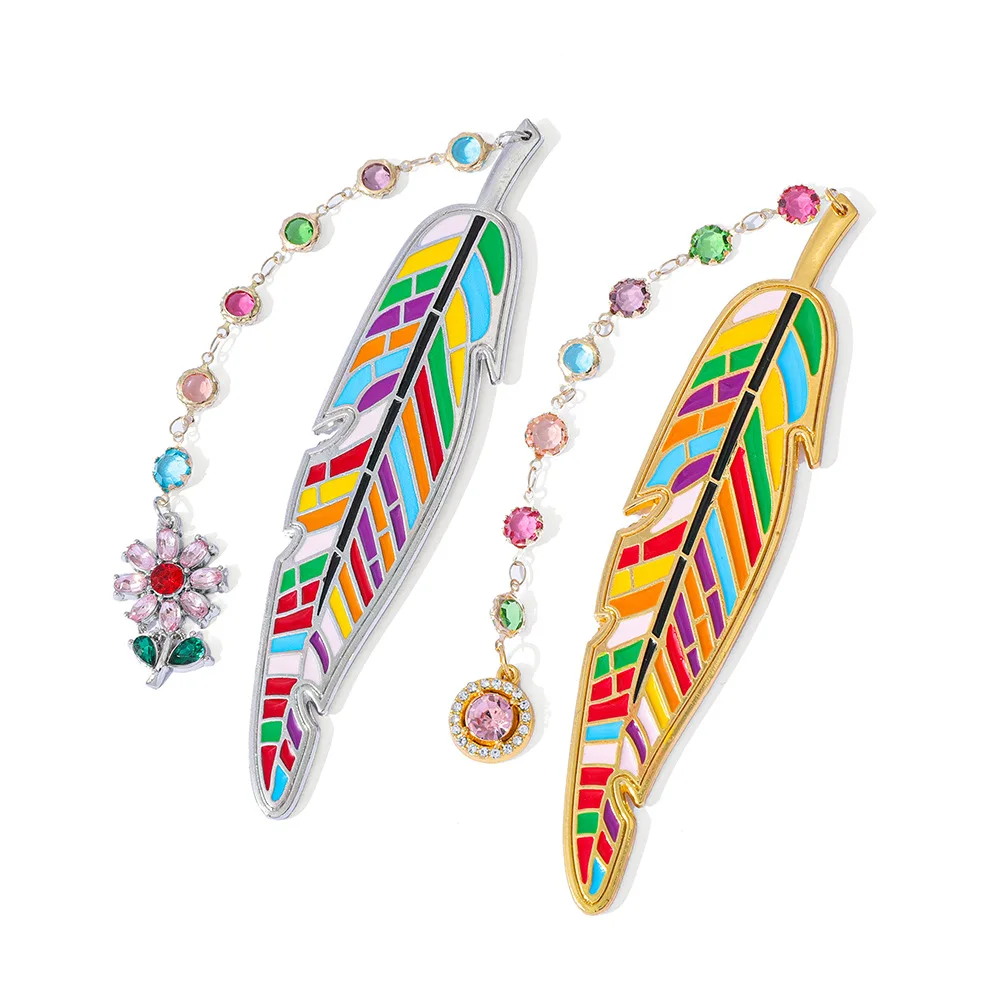 Creative Colorful Enamel Feather Metal Bookmark With Crystal Chain Pendant Page Holder Reading Accessories Stationery