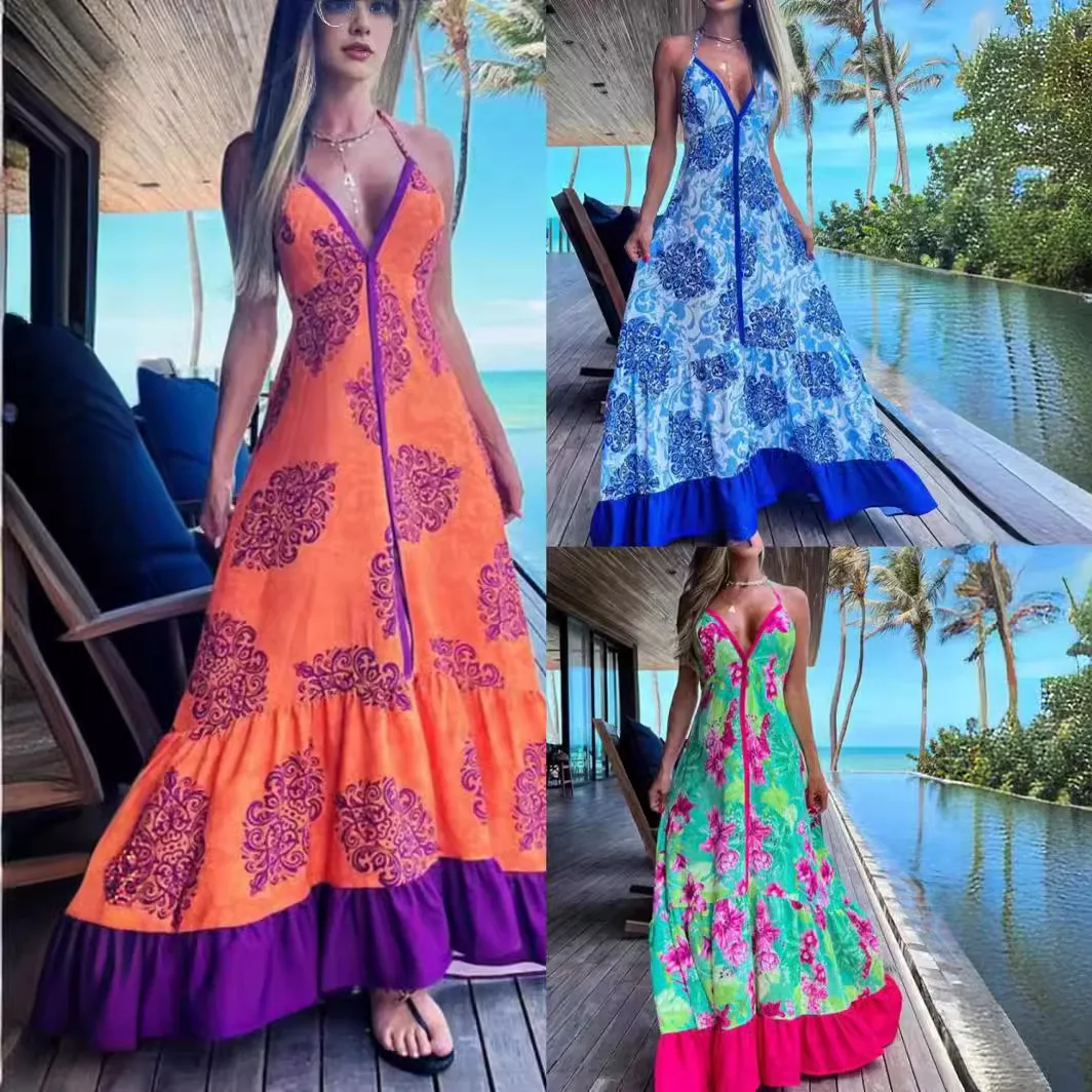 Abito stampato Boho alla moda Abito lungo sexy con scollo a V profondo senza schienale con lacci a vita alta Abiti casual da donna in stile vacanza