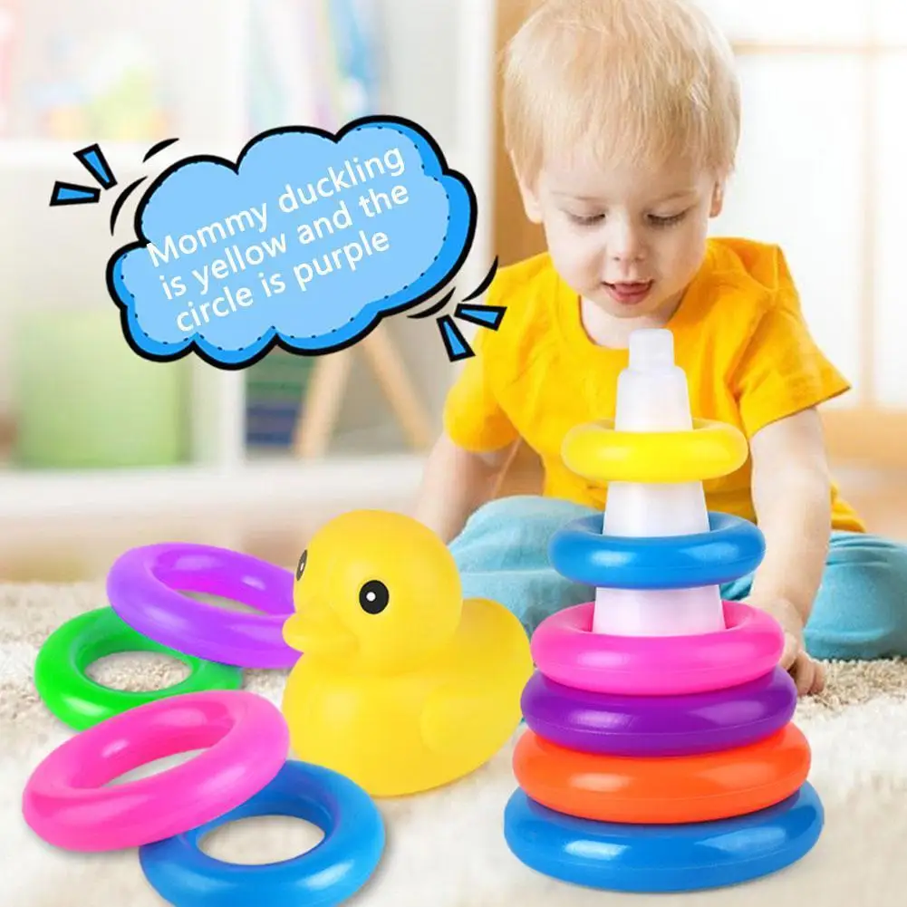 Early Education Children Toy Soft Tower Stacking Duck Baby Toy Montessori Kids Bathtub Toy Toddler Rainbow Tower Stacking Circle