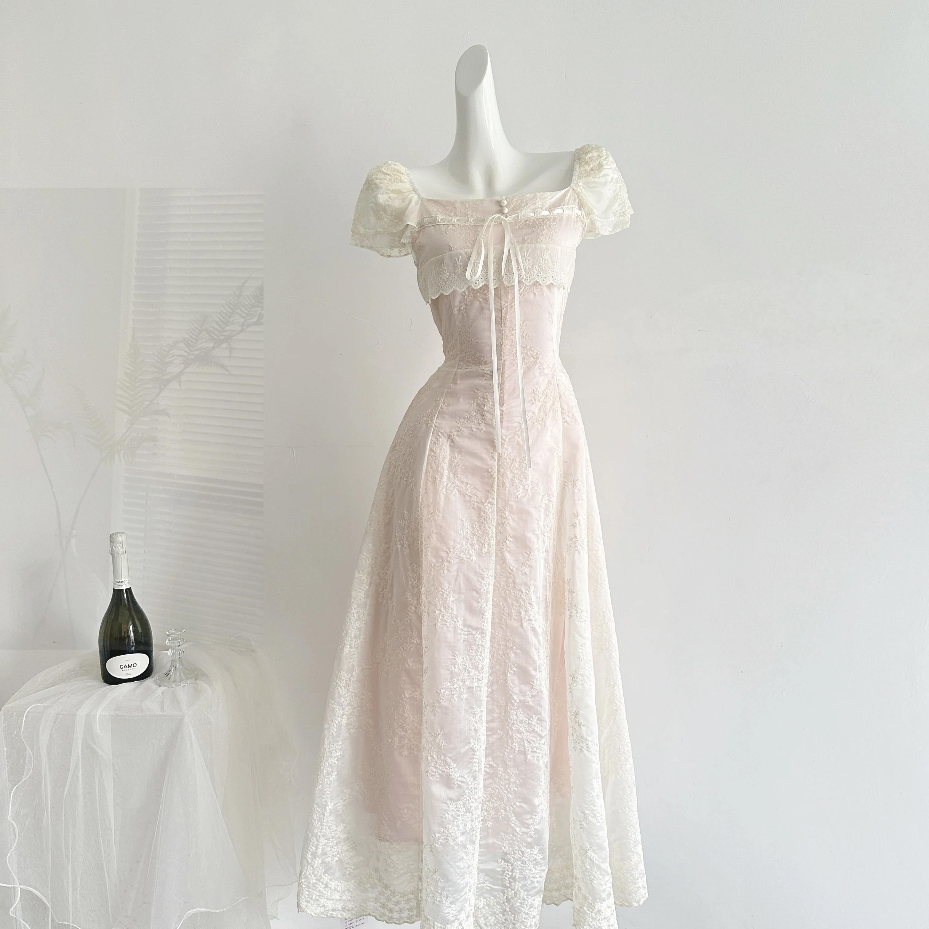 Summer Women Lace Maxi Dress Square Neck Short Sleeve A-line Long Dress Wedding Bridesmaid Evening Party Dress