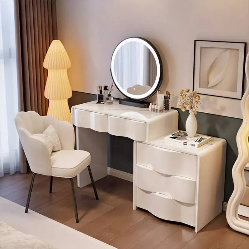 

Luxury Nordic Vanity Table Dest Drawer Glossy Long Vintage Dressing Table Corner Glass Tocador Maquillaje Furniture For Home