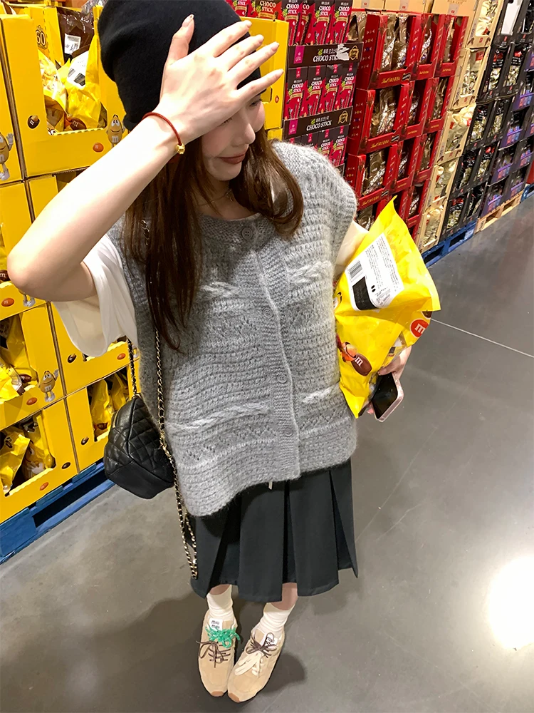 

Корейский комплект круглого вязаного жилета и юбки Ne, комплект с кружевной юбкой Thi Needle, женский модный осенний наряд