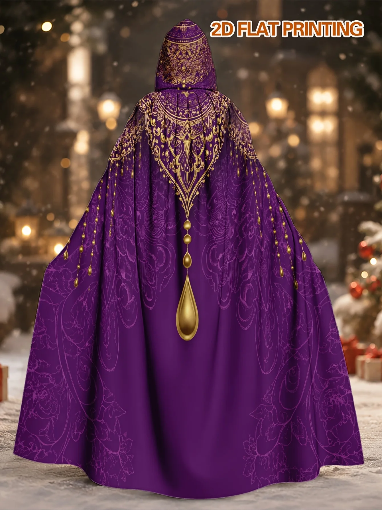 Customization 1pc Polyester Witch Cape With Ornate Golden Motifs On Purple Pattern, Long Hooded Robe For Halloween And Christmas