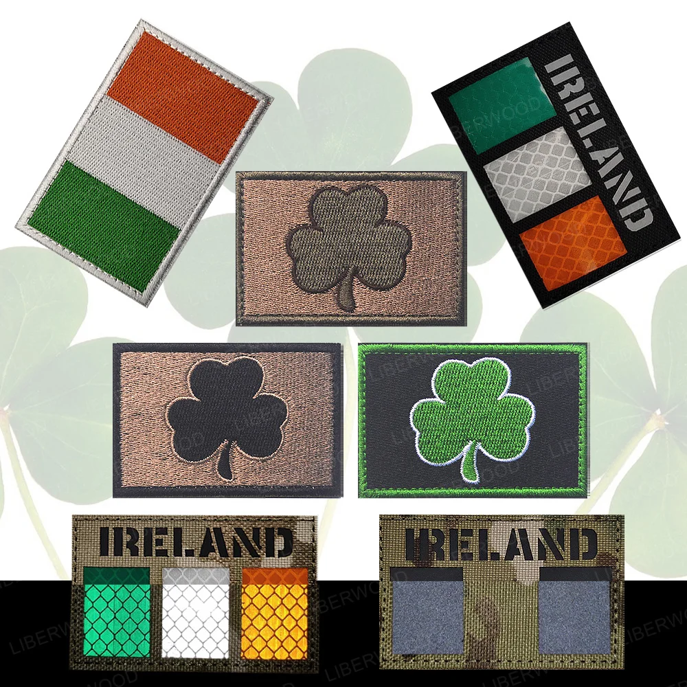 Ireland Flag IR Reflective Patch Armband The Irish Embroidery Cloth Badges Clover Applique With Hook Loop