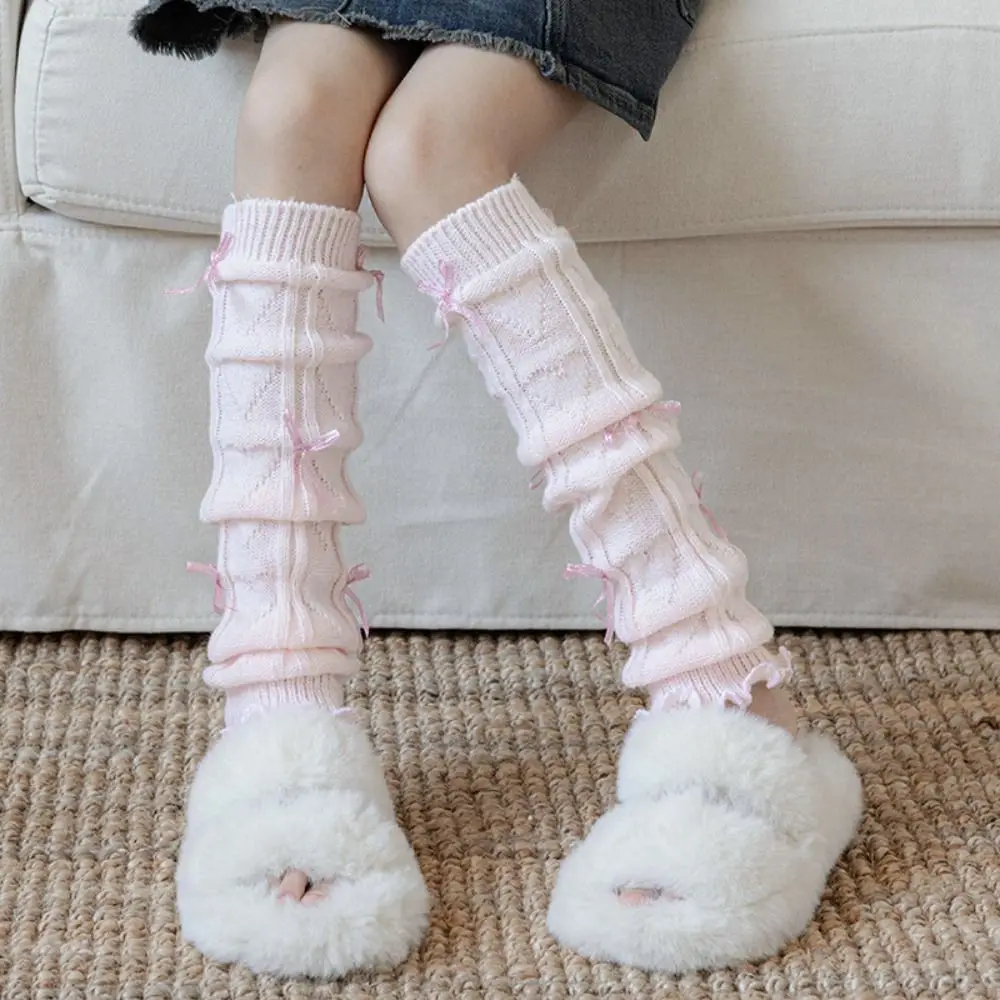 Solid Color Leg Warmers Bow Ribbon Lace Trim Children's Foot Warmer Ballet Style Knitted Lolita Style Socks Girls Fashion