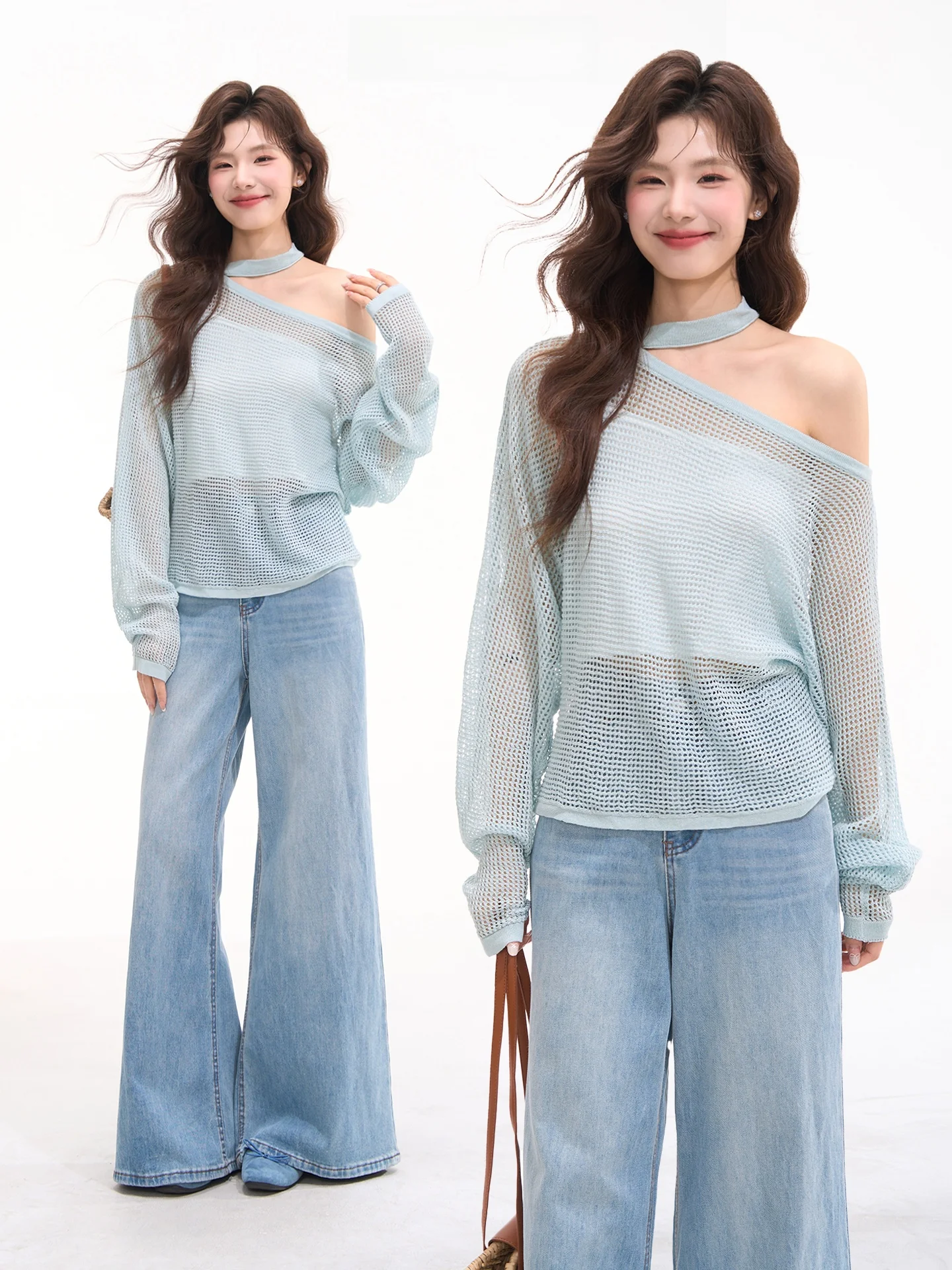 

Heme Knitted Hollow out Lace Women's Summer Top Soft Pastel Linen Neck Hanging Shoulder Baring Long Sleeve Regular Fit