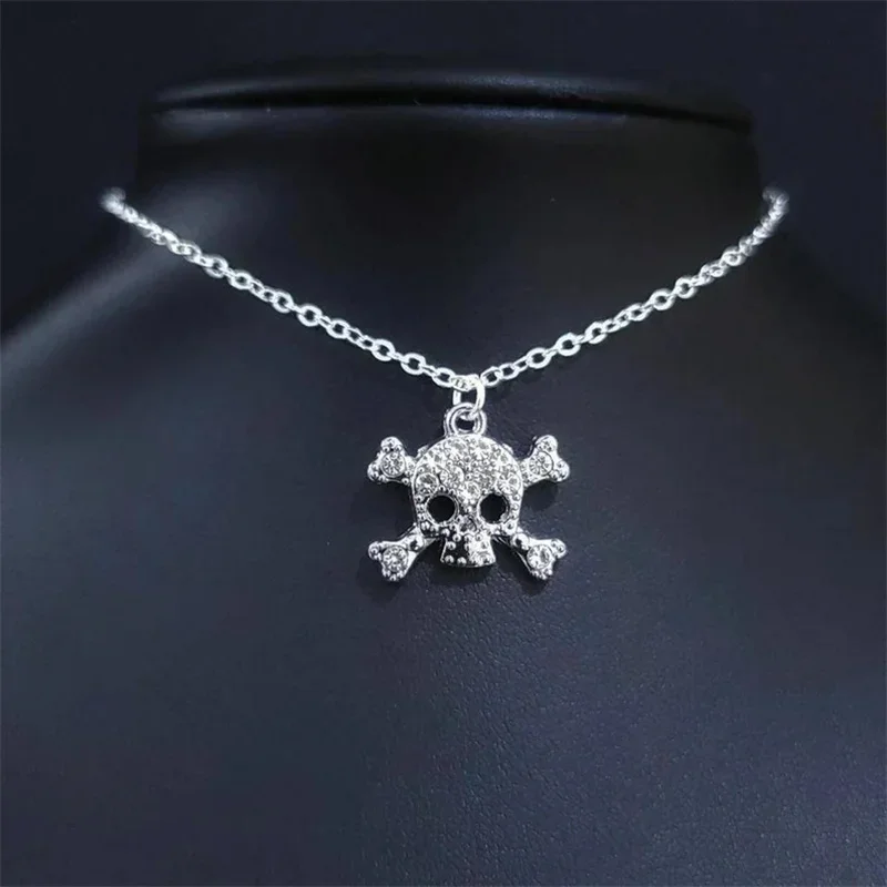Tendência requintado brilhante strass crânio cabeça osso pingente colares criativo punk rock esqueleto colar para jóias femininas