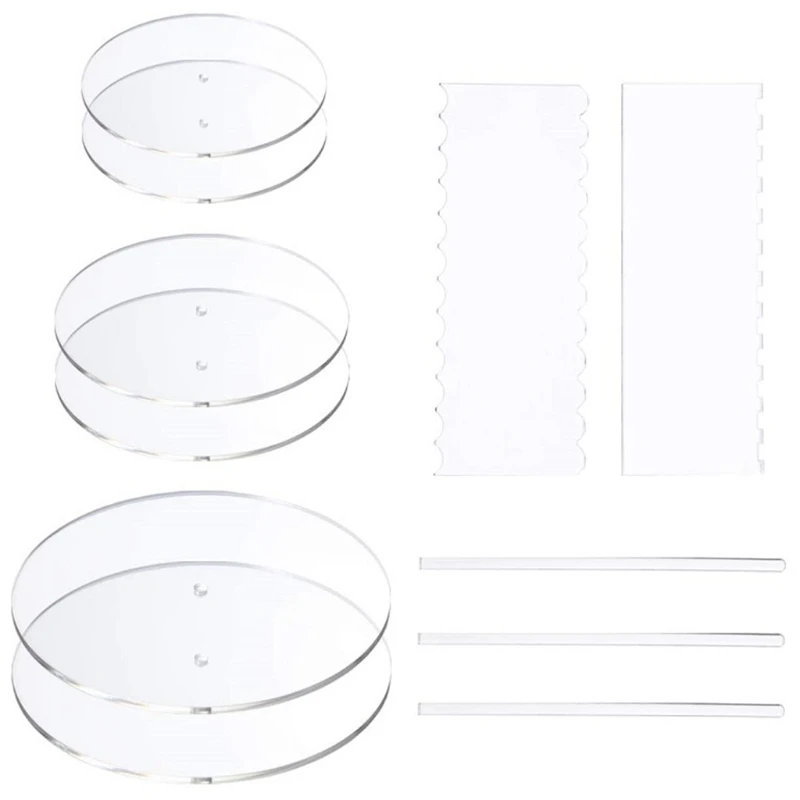 11 Pieces Acrylic Round/Square Cake Disk Set Circle Base Boards with Center Hole Pillar Comb Scrapers Dowel Rod Butter Cream Cak