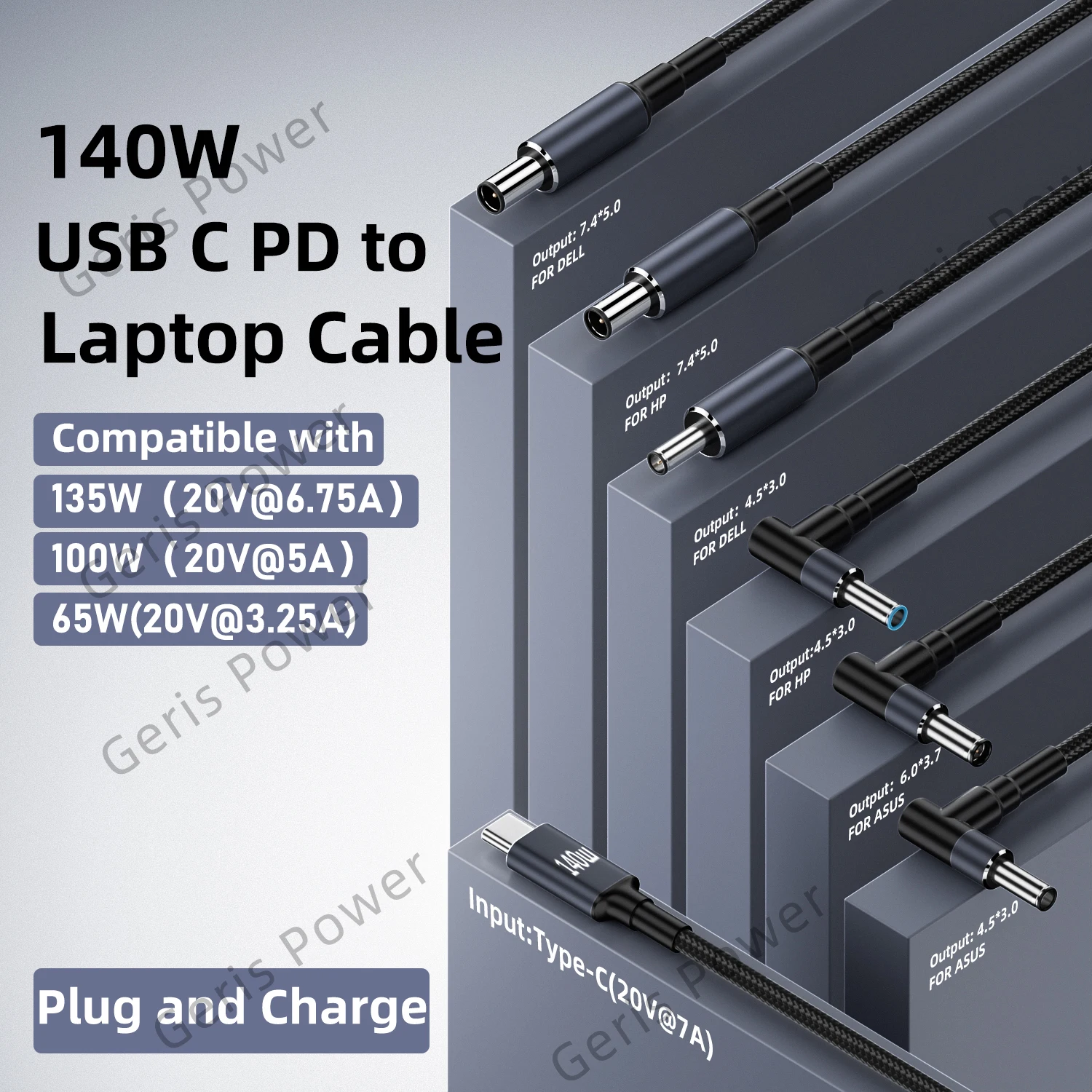 65W 90W 140W USB C PD do DC Uniwersalny kabel ładowarki do laptopa Asus Dell Hp 5.5X2.5 7.4X5.0 4.5X3.0mm Konwerter zasilacza DC