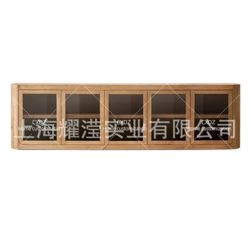 Country Style Solid Wood TV Cabinet with Glass Doors and Adjustable Shelves Living Room Storage Unit Entertainment Center