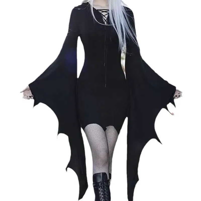 Women Halloween Gothic Dress Women's Solid Color Irregular Lace-up Bat Sleeve Dresses Vintage Black Slim Mini Dress Female