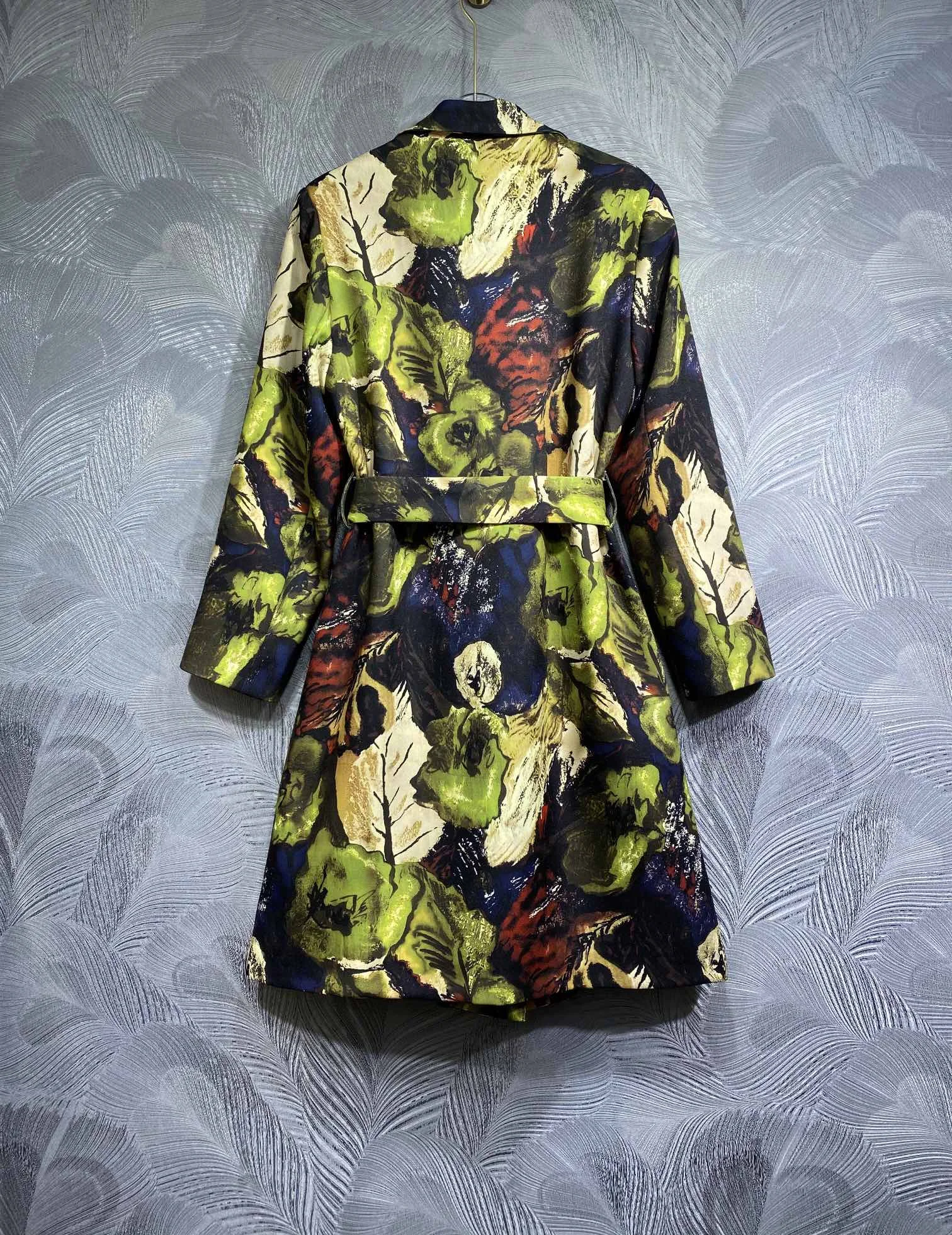 SEQINYY Elegant Long Trench Coat Spring Autumn New Fashion Design Women Runway High Street Vintage Flower Green Print Belt