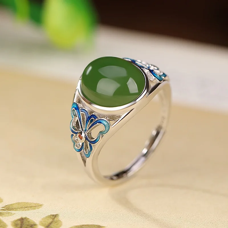 Classic Silver 925 Hollow out Butterfly Ring Natural Hotan Jade Green Oval rings for women Fashion Retro Wedding Jewelry