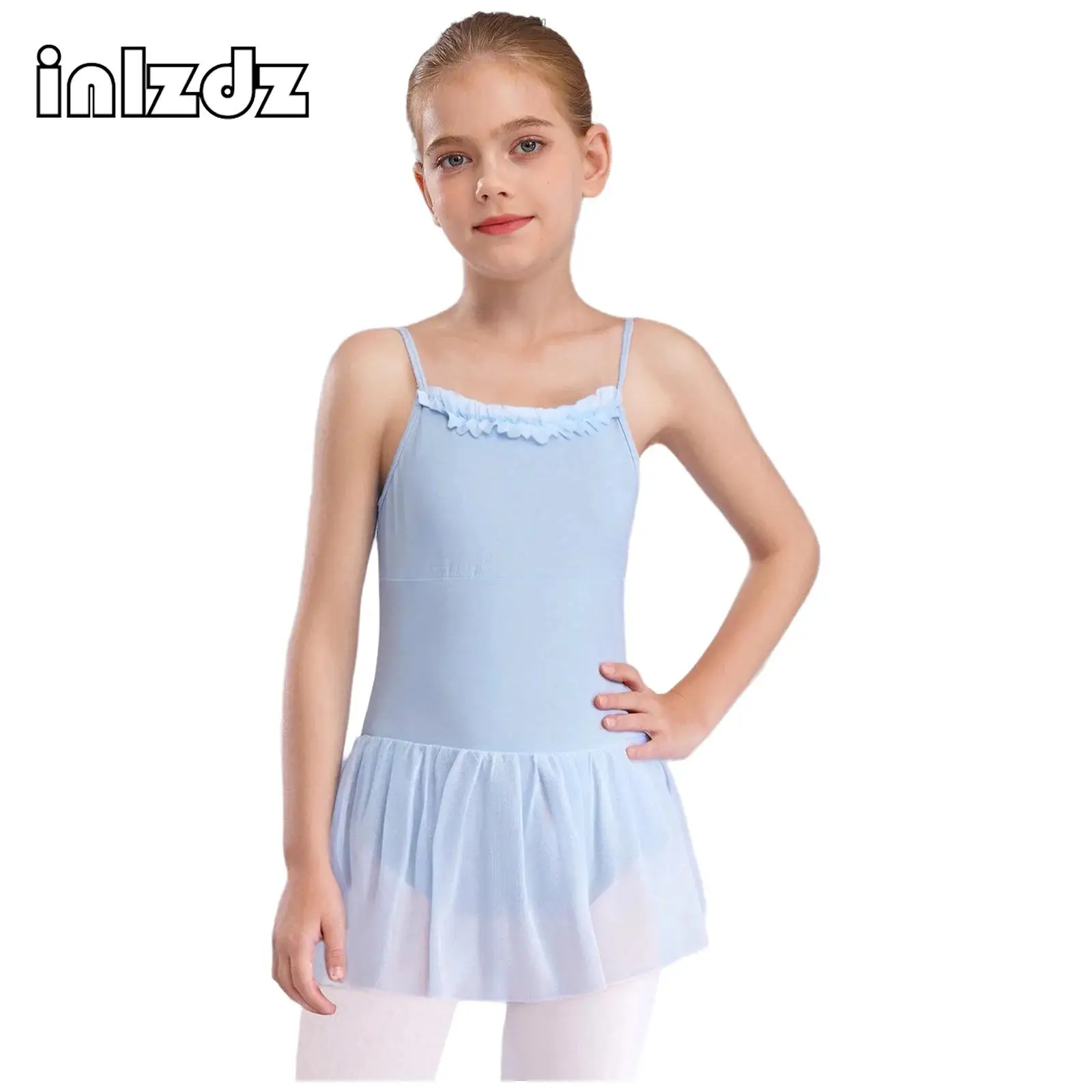 

Kids Girls Ballet Practice Examination Dancewear Ruffled Neckline Sleeveless U-Back Spaghetti Straps Gymnastics Dance Dress