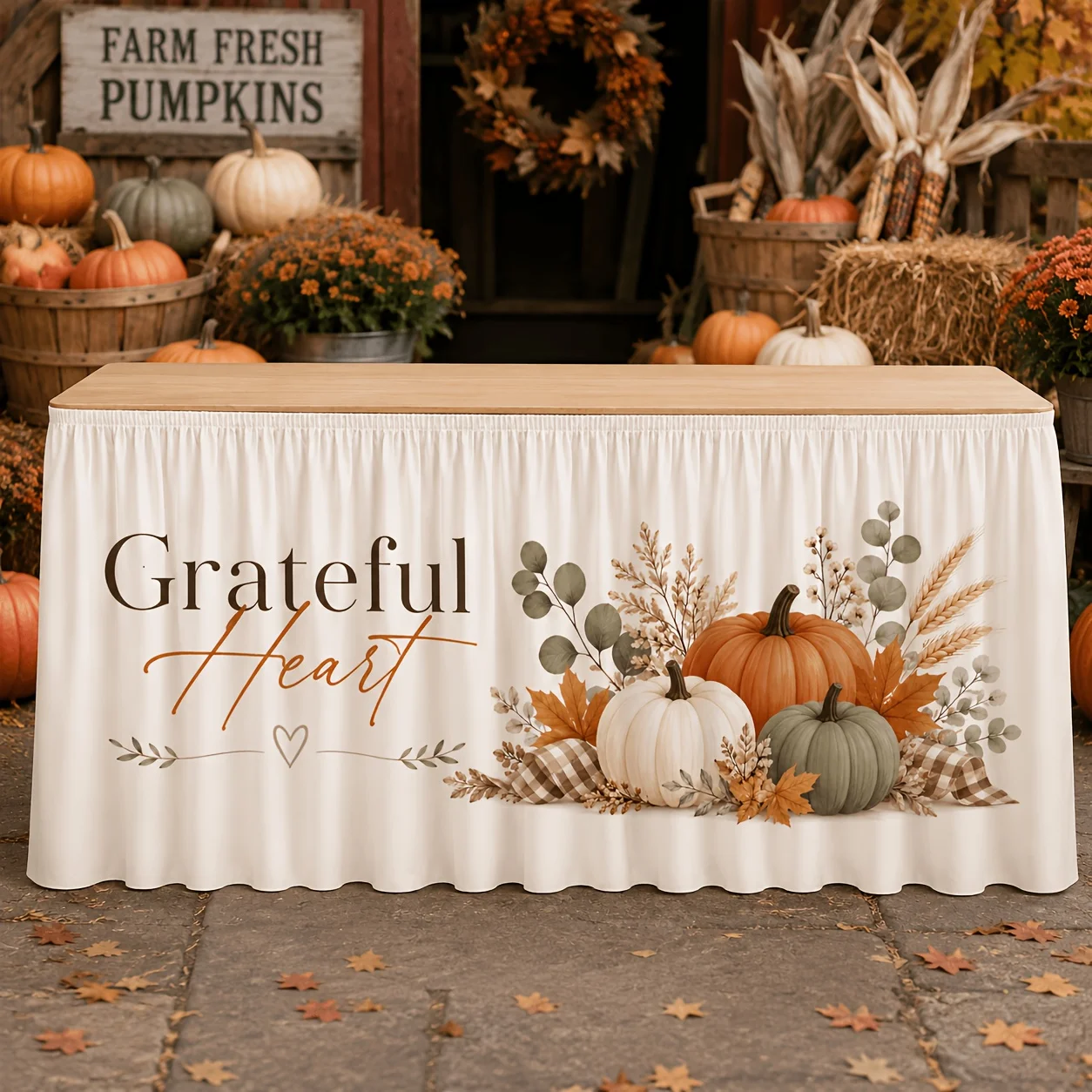 One tablecloth table skirt, Thanksgiving heart Thanksgiving table cover, orange, white, green, pumpkin, eucalyptus, maple
