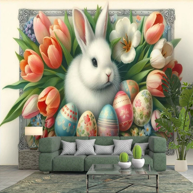 1PC White Bunny Tulip Eggs Oil Art Print Backdrop Banner, Bedroom Living Room Photo Background, Polyester, Home Decor, Wall Art