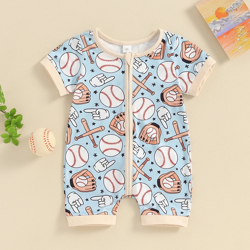 

0-18M Summer Newborn Baby Boys Girls Rompers Clothing Baseball Print Zipper Short Sleeve O-neck Jumpsuits Playsuits Overalls