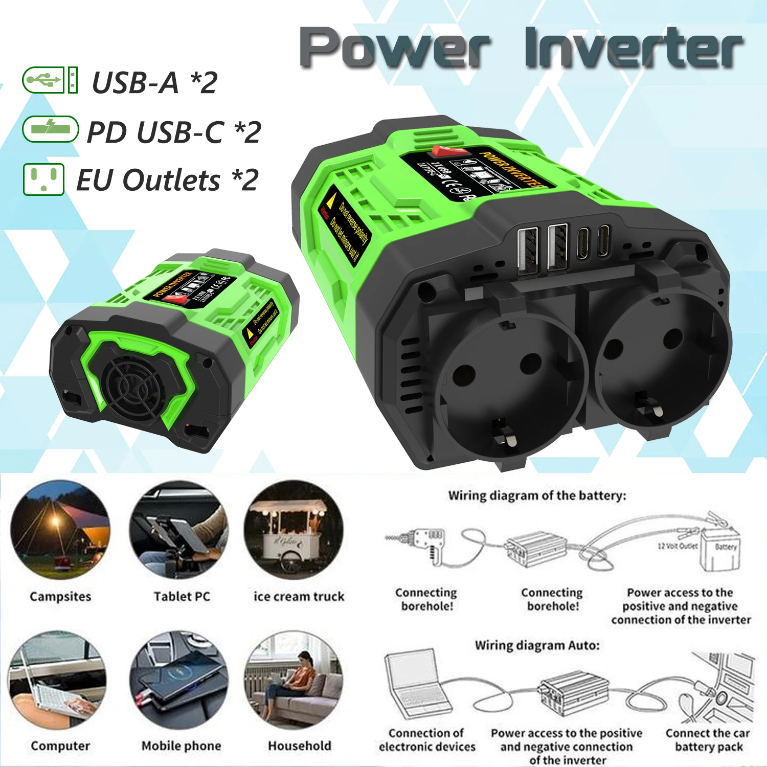 12V Car Power Inverter 200W/300W/500W DC To AC 110V/220V Converter with Dual Outlets USB Type-C LCD for Camping Travel