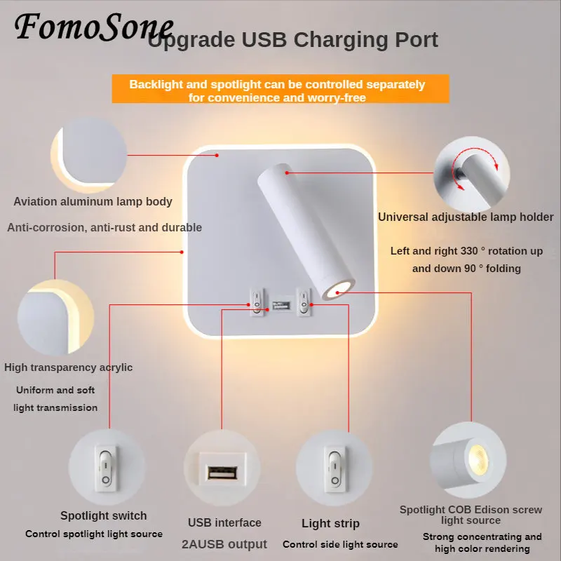 Imagem -04 - Indoor Led Luz de Leitura Cabeceira Lâmpada de Parede Sconce Quarto com Usb Carregamento Rápido Corredor Hotel Casa Novo 2023