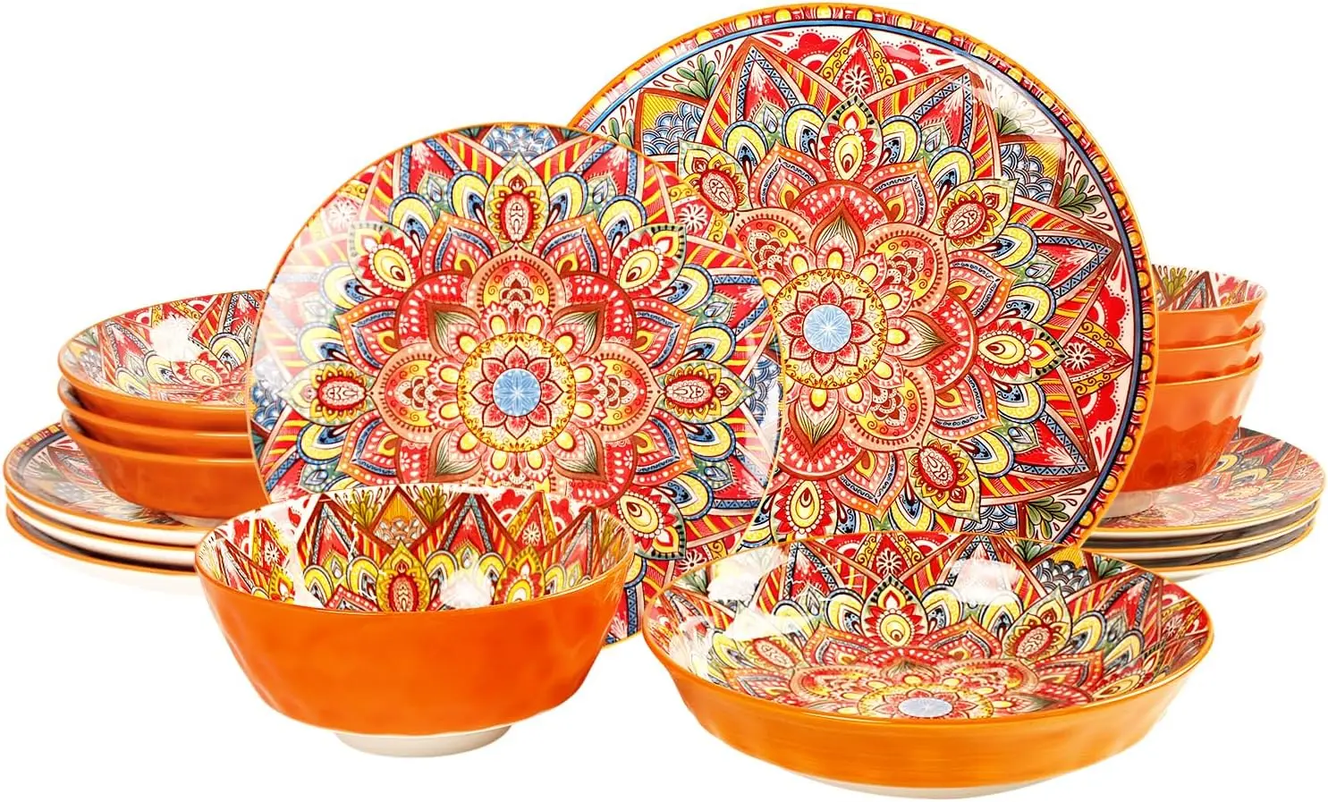 

Mandala Dinnerware Sets (16 PCS) Serves for 4, Buffet Dinnerware, Boho Plates and Bowls Set with 8.3" salad Plate 8.6"/10.6"dinn