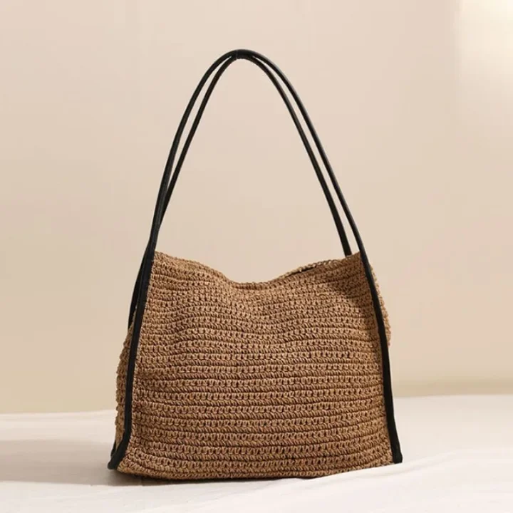 Brand Color-blocked Straw Tote,high End Fashion Large Size Travel Beach Bag Versatile Lightweight Durable Commuter Shopping Bag
