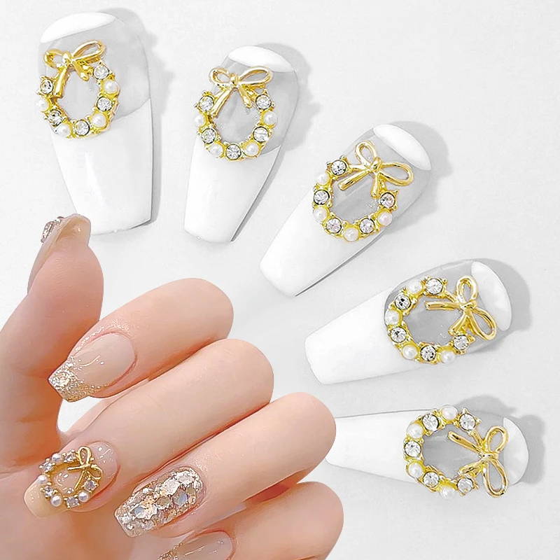 5Pcs Golden Rhinestones Pearls Nail Studs Silver Alloy 3D Nail Art Decorations DIY Nail Charms Jewelry Manicure Nail Supply