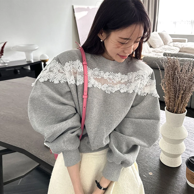 Hit Color Lace Spliced Ropa Mujer Loose Round Neck Hoodies Women 2024 Spring Pullovers Korean Sweatshirts Full Sleeve Hoodie