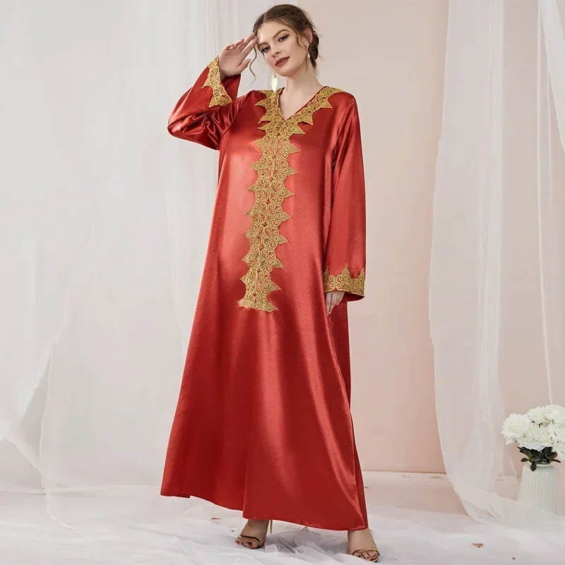 Women dress Eid Muslim Abaya Long Sleeve V Neck silky satin Dubai Abayas Party Dress Solid Vestidos Arab Gorgeous Long Robe