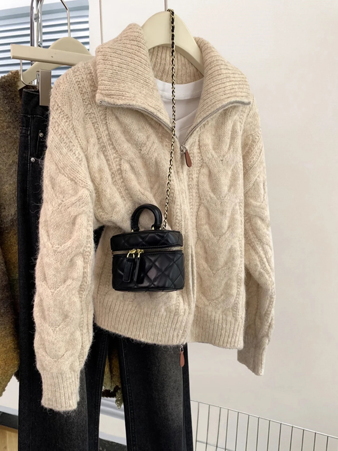 

Double Zipper Collared Sweater Long Sve Thiened Soft Commute Outerwear Knitted Winter Trendy Top for Women