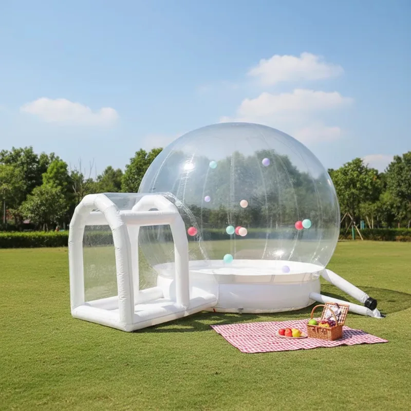 White PVC inflatable trampoline castle with bubble house blower, suitable for wedding jumping games