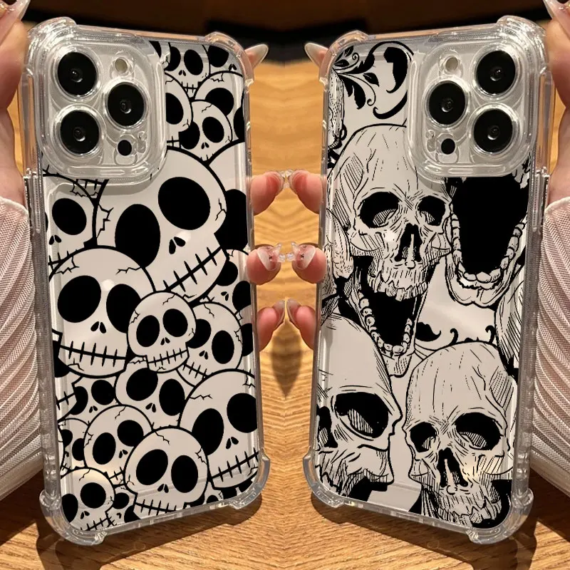 Bonito clássico halloween osso crânio caso de telefone claro para iphone 17 16 14 15 11 12 13 pro max 16e 15 16 plus 17air capa à prova de choque