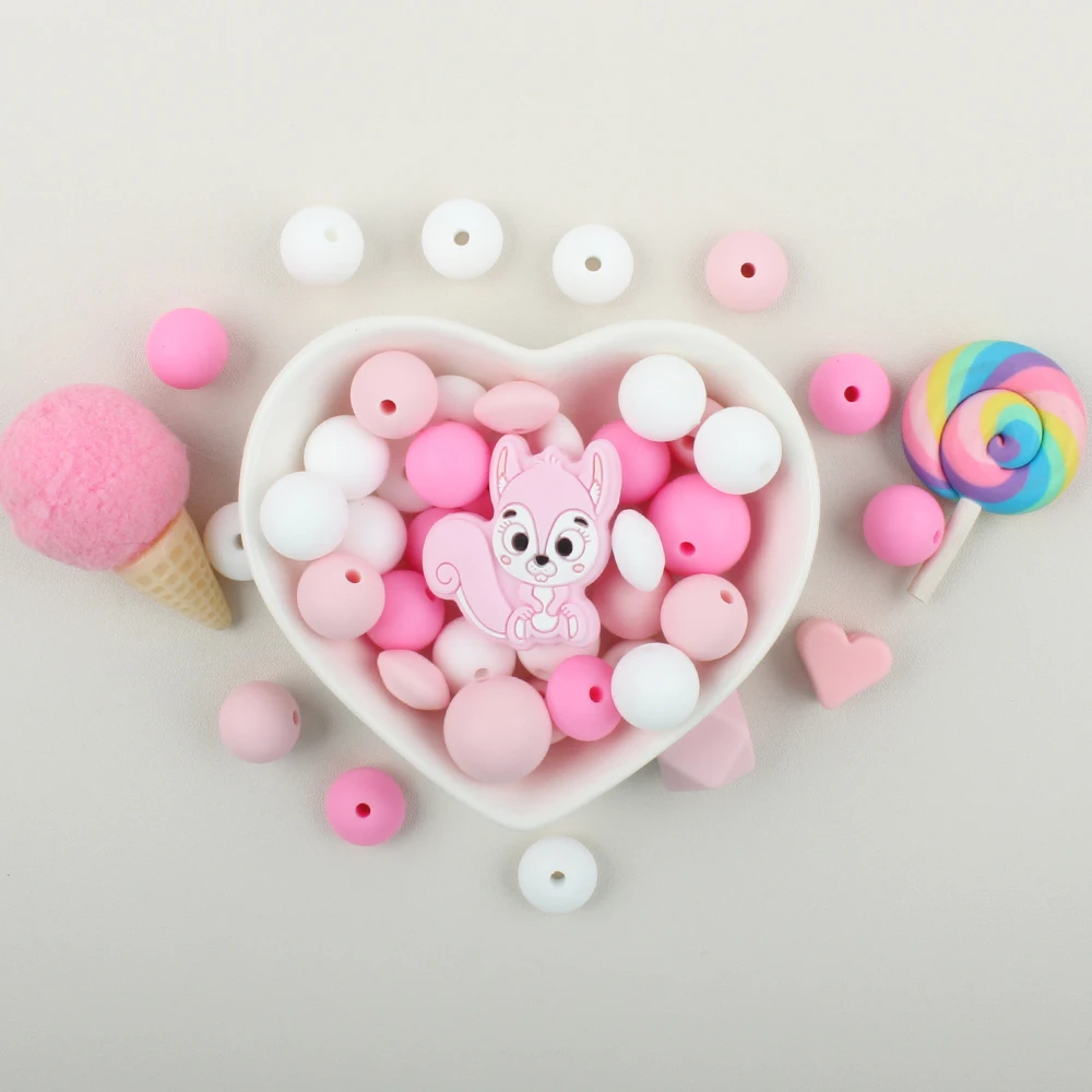 45pcs/Set Squirrel Silicone Beads Baby Round Heart Focal Beads Chew Set Food Grade DIY Pacifier Chain Clips Accessories