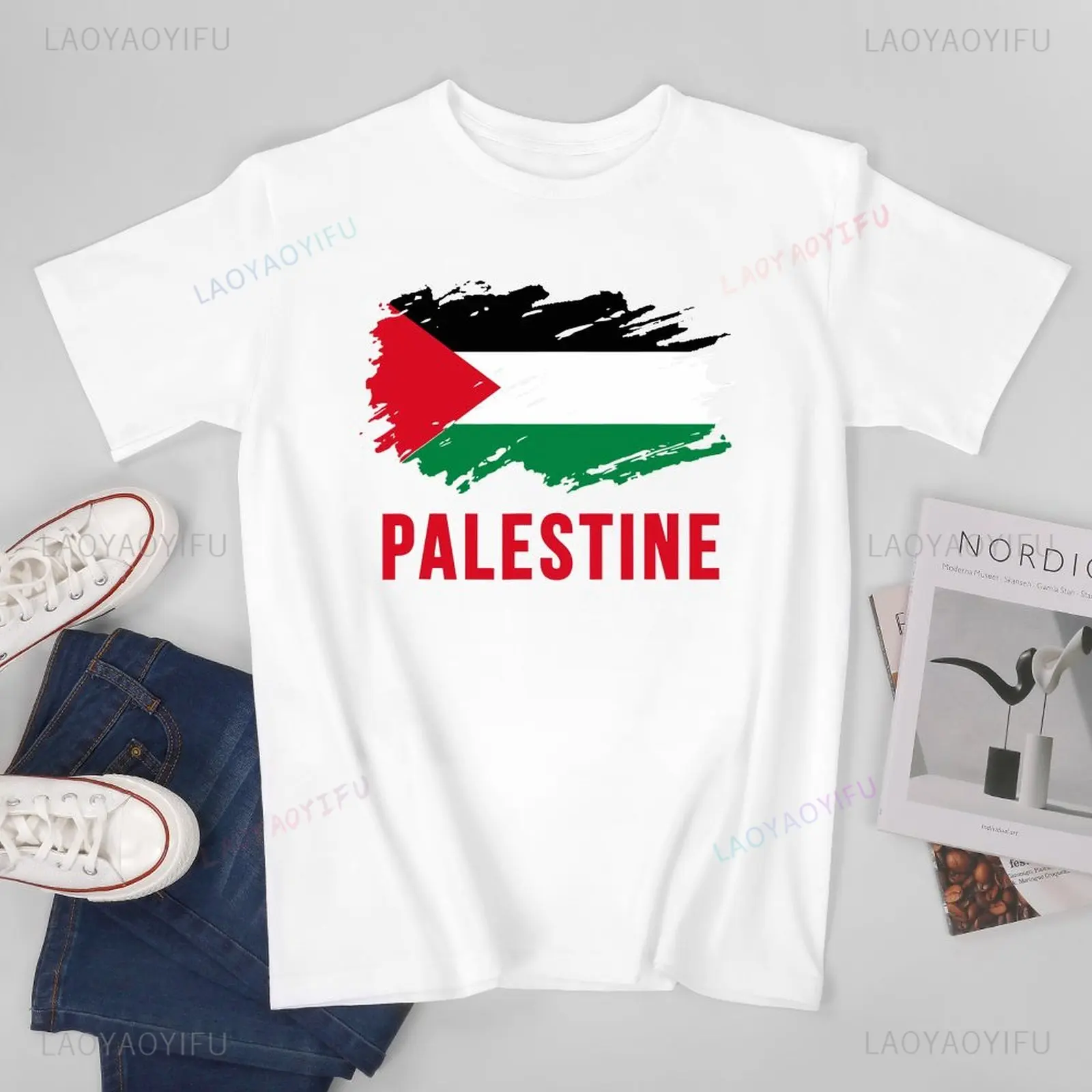 Classic Unisex Men Vintage Palestine Flag Printed T-shirt Casual Loose Tees T Shirts Women Summer Outdoors Cotton T-Shirt