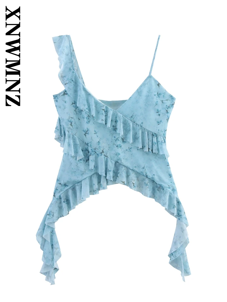 

XNWMNZ 2025 Women's Fashion Summer Ruffle Printed Top Female Vacation Style V-neck Thin Strap Versatile Women Chie Top