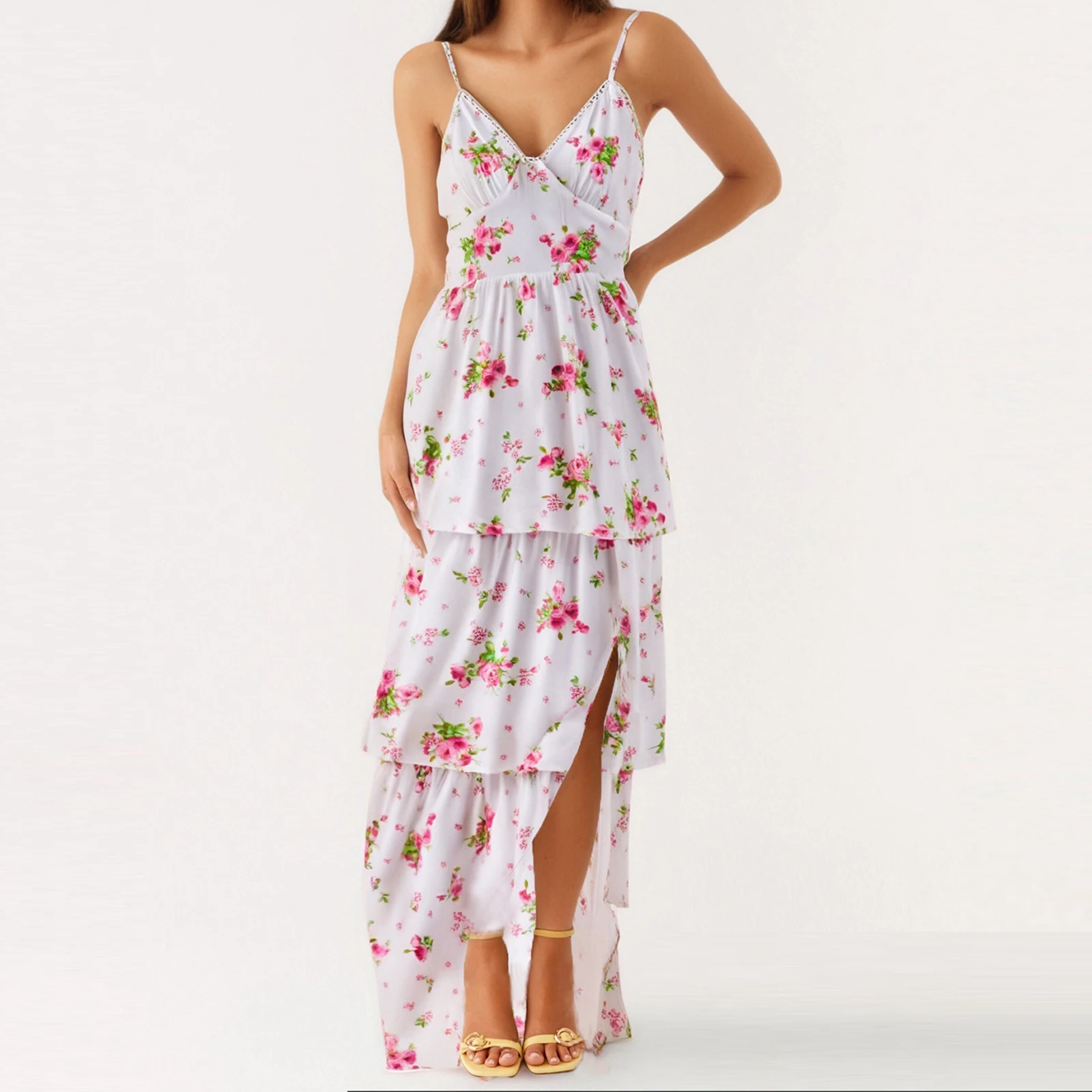 New Women Floral Cami Dress V Neck Spaghetti Strap Open Back Cross Tie A-Line Split Layered Ruffled Long Dress Club Street Style